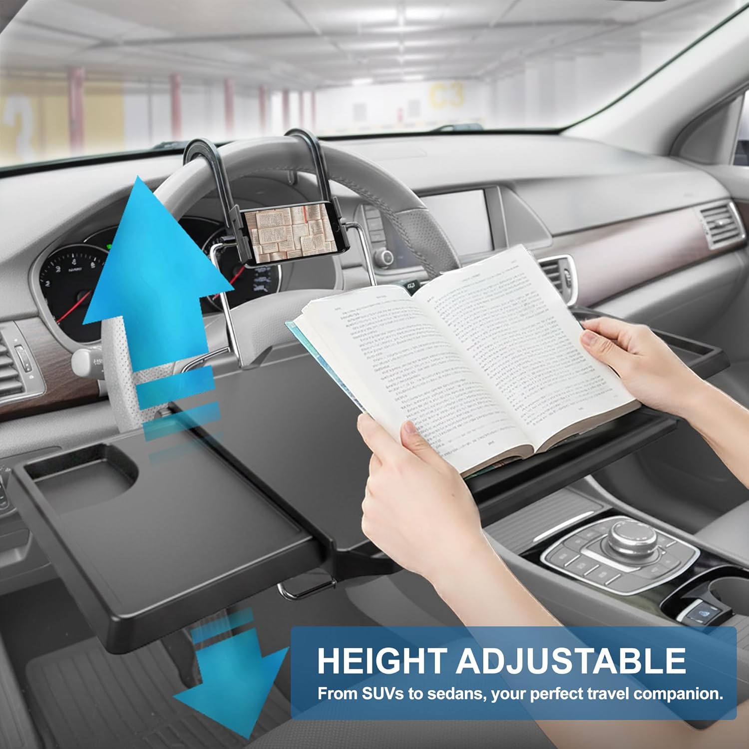 2-in-1 Car Steering Wheel Tray & Back Seat Table with Phone Holder – Height Adjustable Steering Wheel laptop desk, Food Tray , Writing Desk & Car Eating Tray - Car desk tray is Gift for Truck Driver