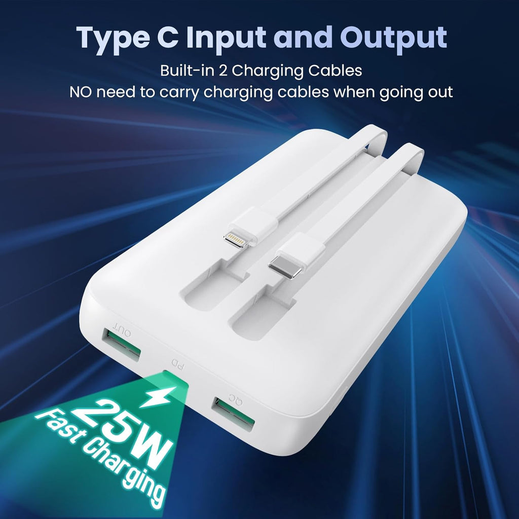 Portable Charger 40,800mAh Power Bank, 25W PD QC 4.0 Fast Charging Portable Phone Charger with Built-in Cables,LCD Display USB C Battery Pack Compatible with iPhone 16/15/14,Android Samsung (White)