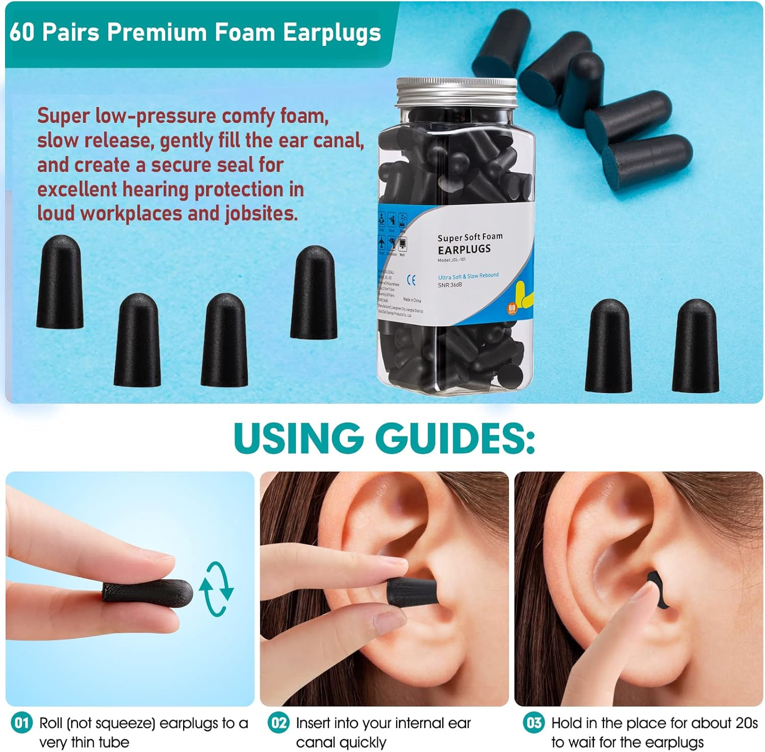 60 Pairs Bottled Earplugs for Noise Cancelling Foam EarPlugs for Sleeping Work Snoring Sound Blocking Construction Noise Reducing Earplugs