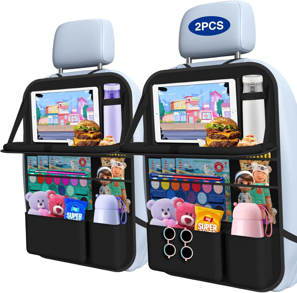 Car Backseat Organizer with Table Tray(2-Pack) 9 Storage Pockets Backseat Car Organizer and storage with Tablet Holder, Kick Mats Back Seat Cover for Kids family Road Trip Essentials Travel