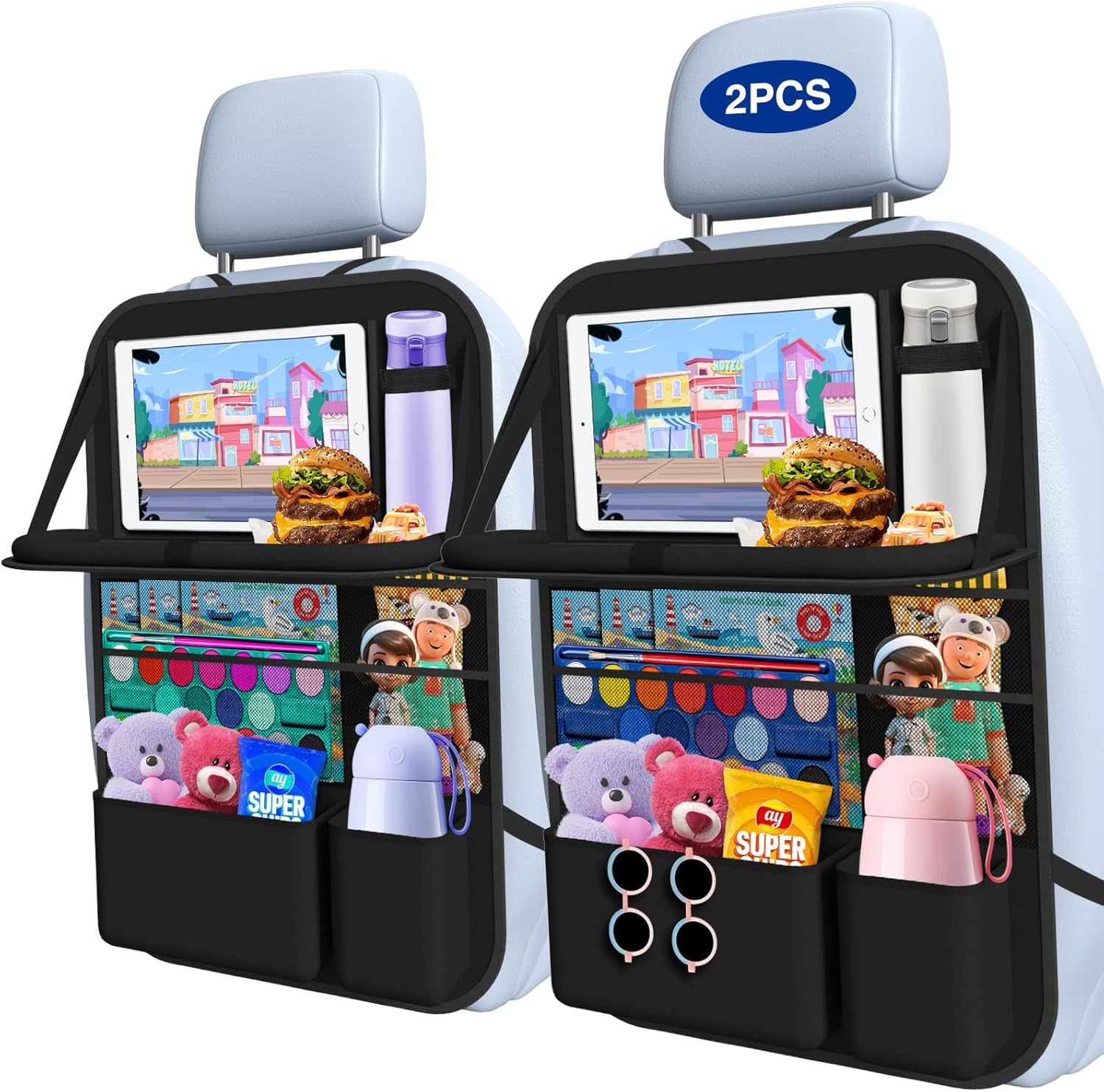 Car Backseat Organizer with Table Tray(2-Pack) 9 Storage Pockets Backseat Car Organizer and storage with Tablet Holder, Kick Mats Back Seat Cover for Kids family Road Trip Essentials Travel