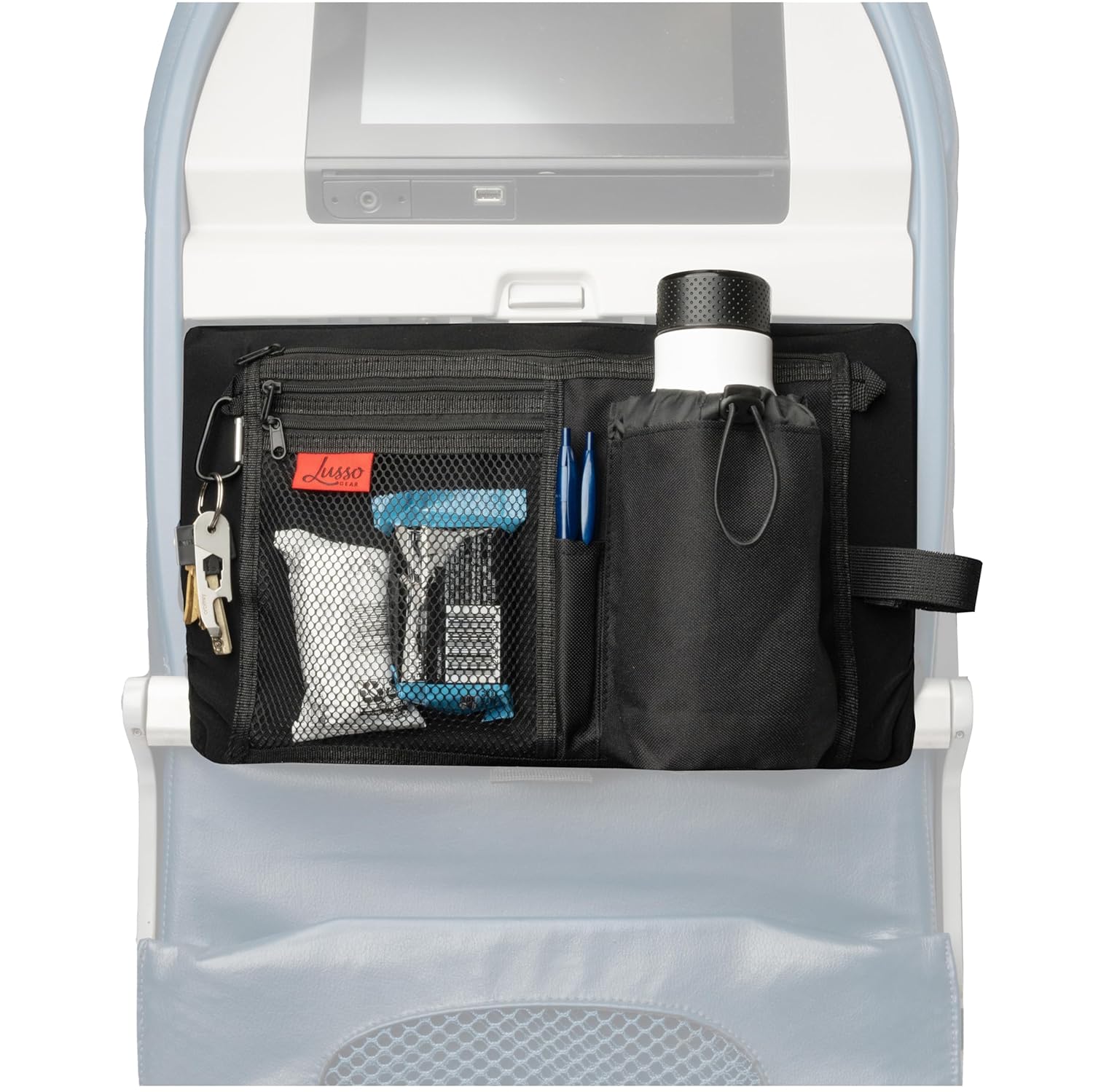 Lusso Gear Premium Black Airplane Tray Table Cover with 5 Compartments - Sanitary, Machine-Washable, Foldable - Black