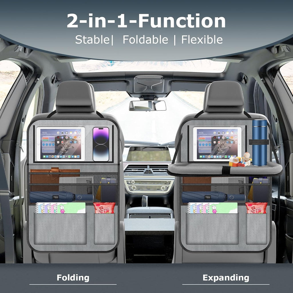 Car Backseat Organizer with table Tray, 9 Storage Pockets Backseat Car Organizer with Tablet Holder, Back seat Organizer for Kids Road Trip Essentials Travel (1Pack)