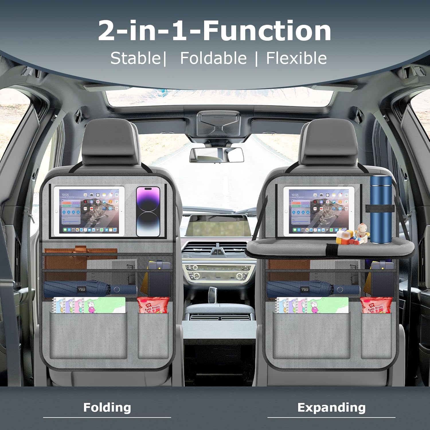 Car Backseat Organizer with table Tray, 9 Storage Pockets Backseat Car Organizer with Tablet Holder, Back seat Organizer for Kids Road Trip Essentials Travel (1Pack)