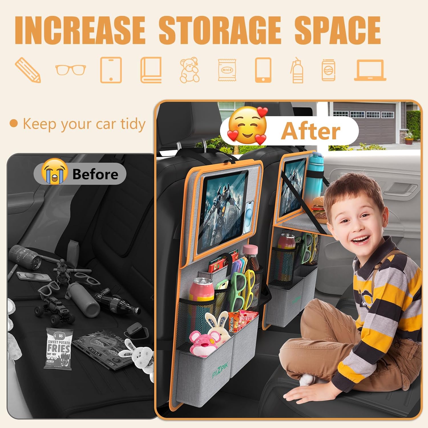 Car Backseat Organizer with Tablet Holder,11 Storage Pockets with Foldable Food Tray, Protector Kick Mats for Kids, Travel Accessories Organizer (Orange, 2Pack)