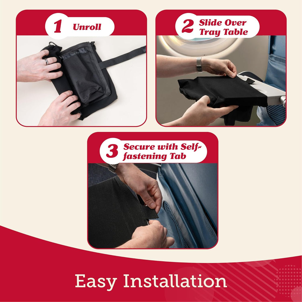 Lusso Gear Premium Black Airplane Tray Table Cover with 5 Compartments - Sanitary, Machine-Washable, Foldable - Black