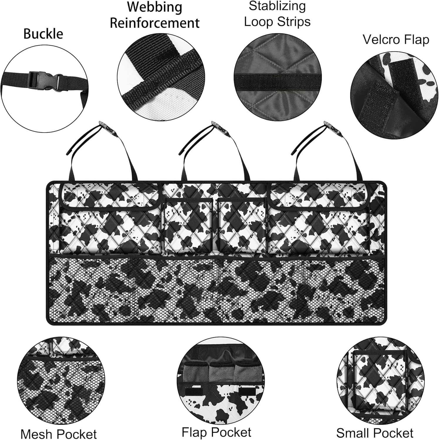 Femuar Car Trunk Organizer,Large Capacity Backseat Trunk Organizer(42"*18"),Collapsible Car Storage Bag with 8 Pocekt,SUV/MPV/Truck - Cow print