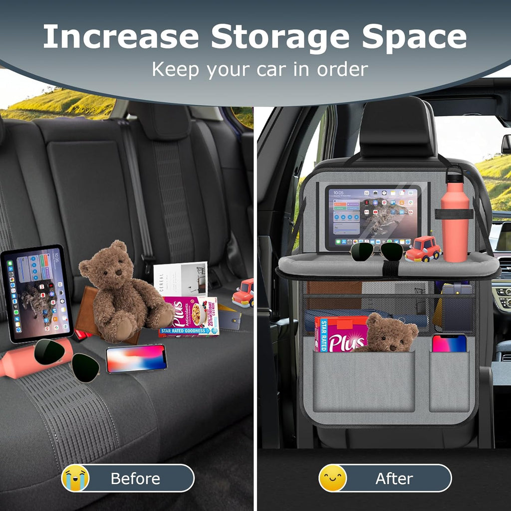 Car Backseat Organizer with table Tray, 9 Storage Pockets Backseat Car Organizer with Tablet Holder, Back seat Organizer for Kids Road Trip Essentials Travel (1Pack)