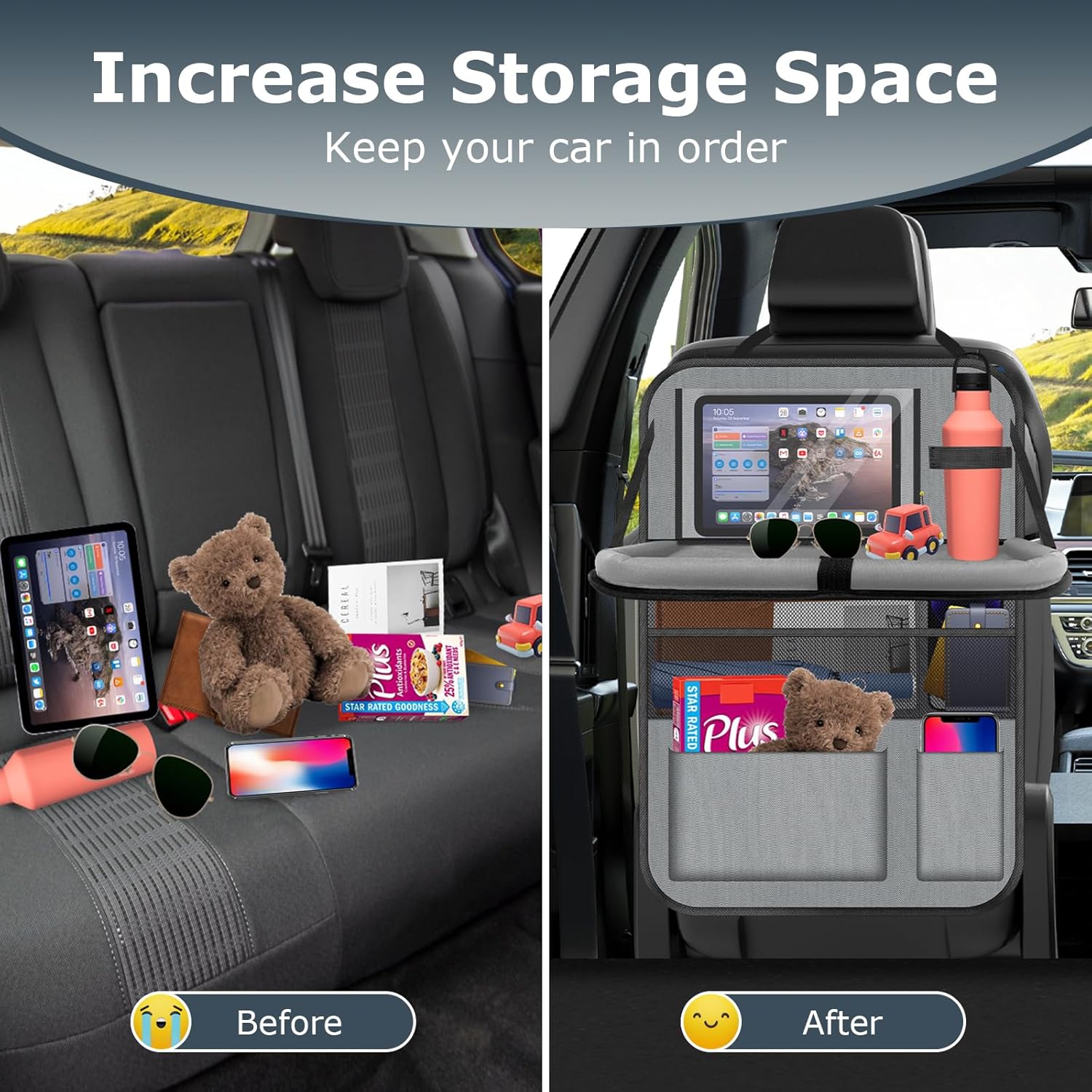 Car Backseat Organizer with table Tray, 9 Storage Pockets Backseat Car Organizer with Tablet Holder, Back seat Organizer for Kids Road Trip Essentials Travel (1Pack)