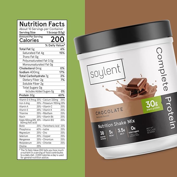 Soylent Complete Protein Powder, Chocolate, 30g Protein Shake for Muscle Growth and Recovery, BCAAs, DHA, MCT, 28 Vitamins & Minerals, Zero Sugar, Gluten Free, Vegan - 1.25lb