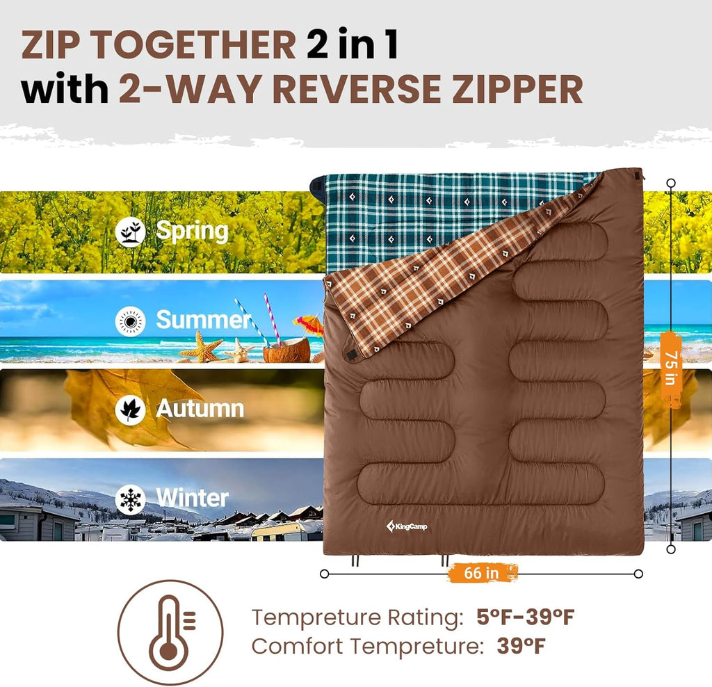 KingCamp Sleeping Bag for Adults, Cold Weather & Warm XL Big and Tall Flannel Sleeping Bags with Compression Sack Portable Waterproof Essentials Gear Accessories for Outdoor Camping