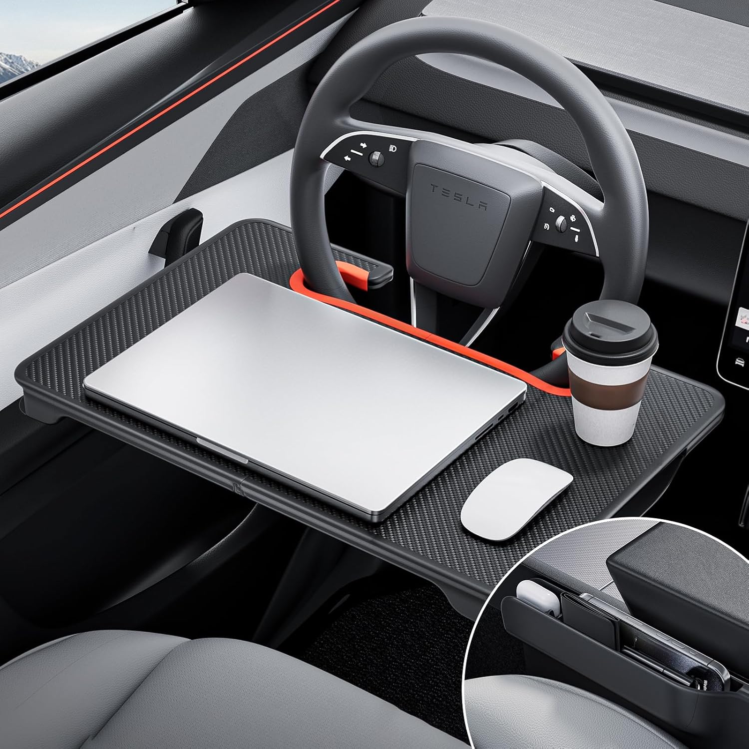 YONZEE 2-in-1 Car Steering Wheel Desk Tray & Car Seat Gap Filler Organizer – Foldable Carbon Fiber Look Table for Laptop, Eating, Writing – Universal Fit for Most Vehicles Orange