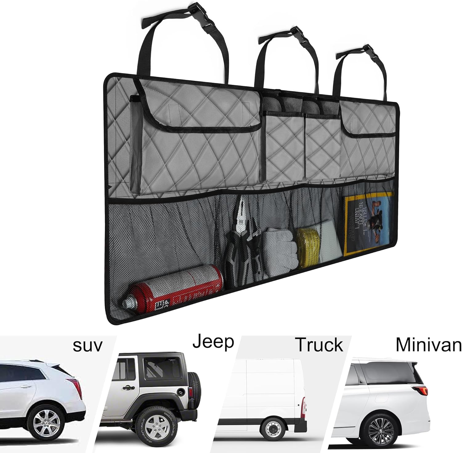 Femuar Car Trunk Organizer, Large Capacity Backseat Trunk Organizer (42"*18"), Collapsible Car Storage Bag with 8 Pockets, SUV/MPV/Truck - Grey