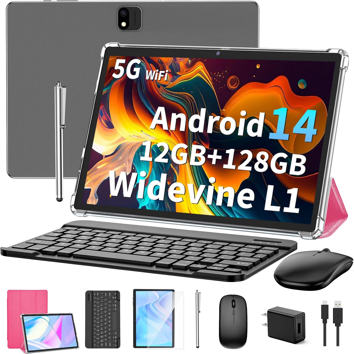Android 14 Tablet with Keyboard, 12GB RAM (6+6), 128GB Storage, 1TB Expandable, 8000mAh Battery, 10 Inch 2-in-1 Tablets, Includes Case, Mouse & Stylus（Pink）