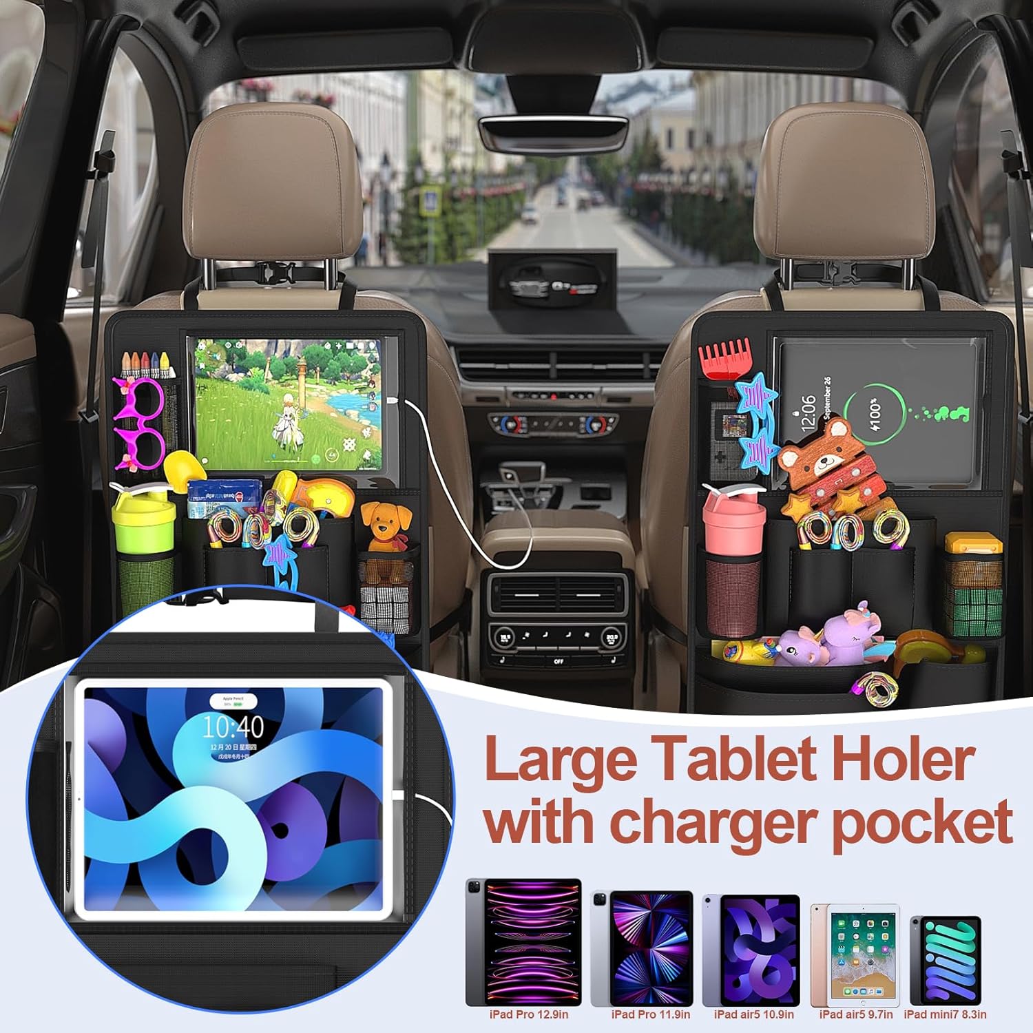 Backseat Car Organizer with Touch Screen,Kick Mats Back Seat Protector with 10 Storage Pockets,Car Seat Back Organizers Storage for Snacks Drinks Toy Umbrellas for Kids Road Trip