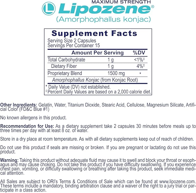 Lipozene Diet Pills - Weight Loss Supplement - 4 Bottles of 30 Capsules Each, a Total of 120 Capsules!