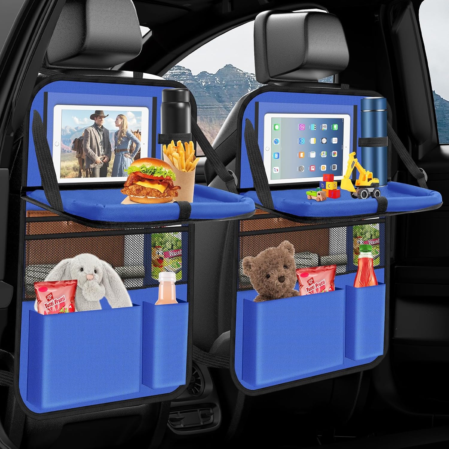 Car Backseat Organizer with tableTray & 9 Storage Pockets for Road Trip Essentials Travel Backseat Car Organizer for Bottle Snack Books(Blue)