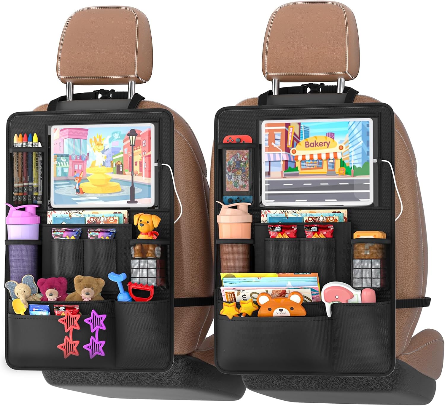 Backseat car Organizer with Touch Screen,2PACK of car organizer Kick Mats Back Seat Protector with 10pcs Storage Pockets,Car Seat Back Organizers Storage for Kids road trip essentials