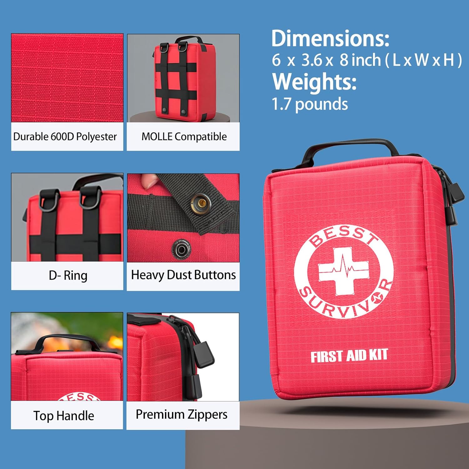 Premium First Aid Kit with Labelled Compartments, Emergency Survival Kit for Car, Home, Hiking and Travel – Compact Medical Kit for Roadside Emergencies, Outdoor Adventures, and Everyday Safety