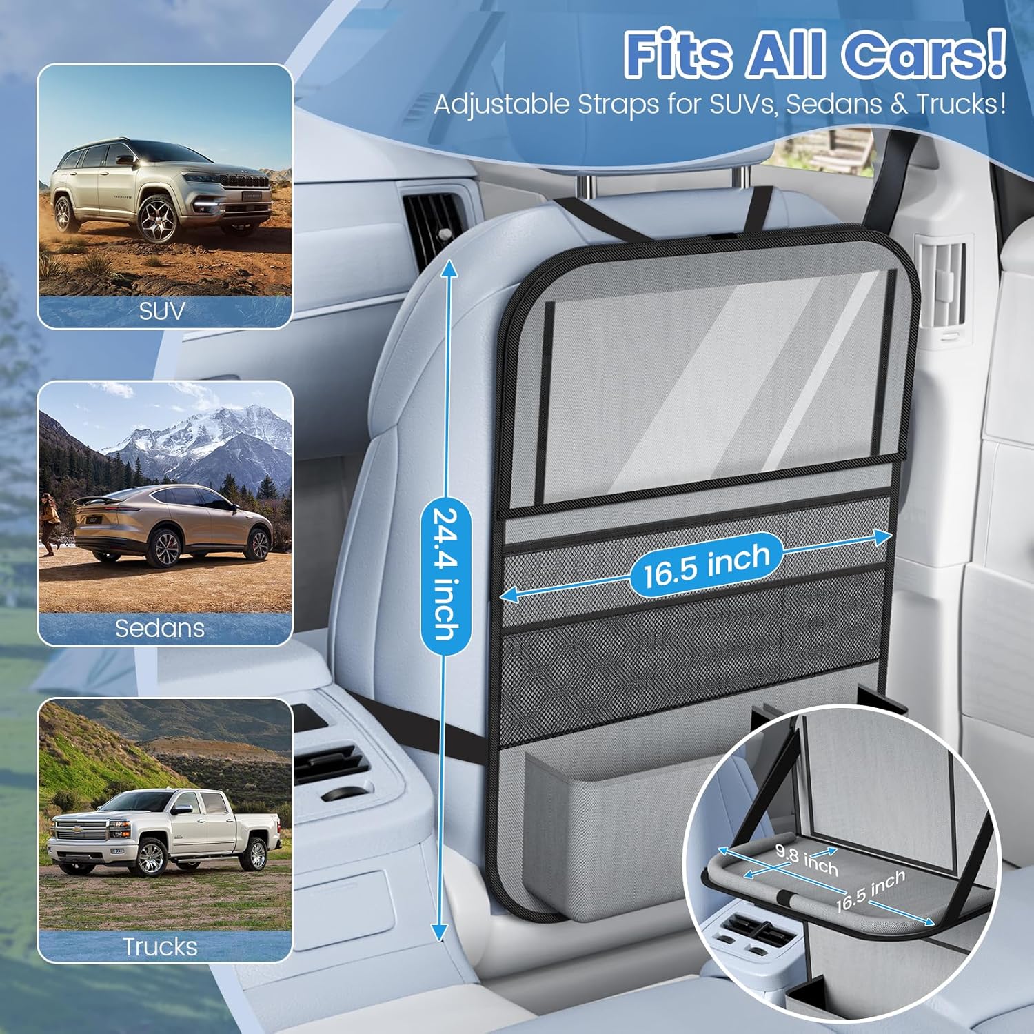 2PACK-Car Backseat Organizer with Touch Screen Tablet Holder,9 Storage Pockets Storage Organizer with Foldable Food Tray, Protector Kick Mats for Kids, Travel Accessories Organizer (Grey)