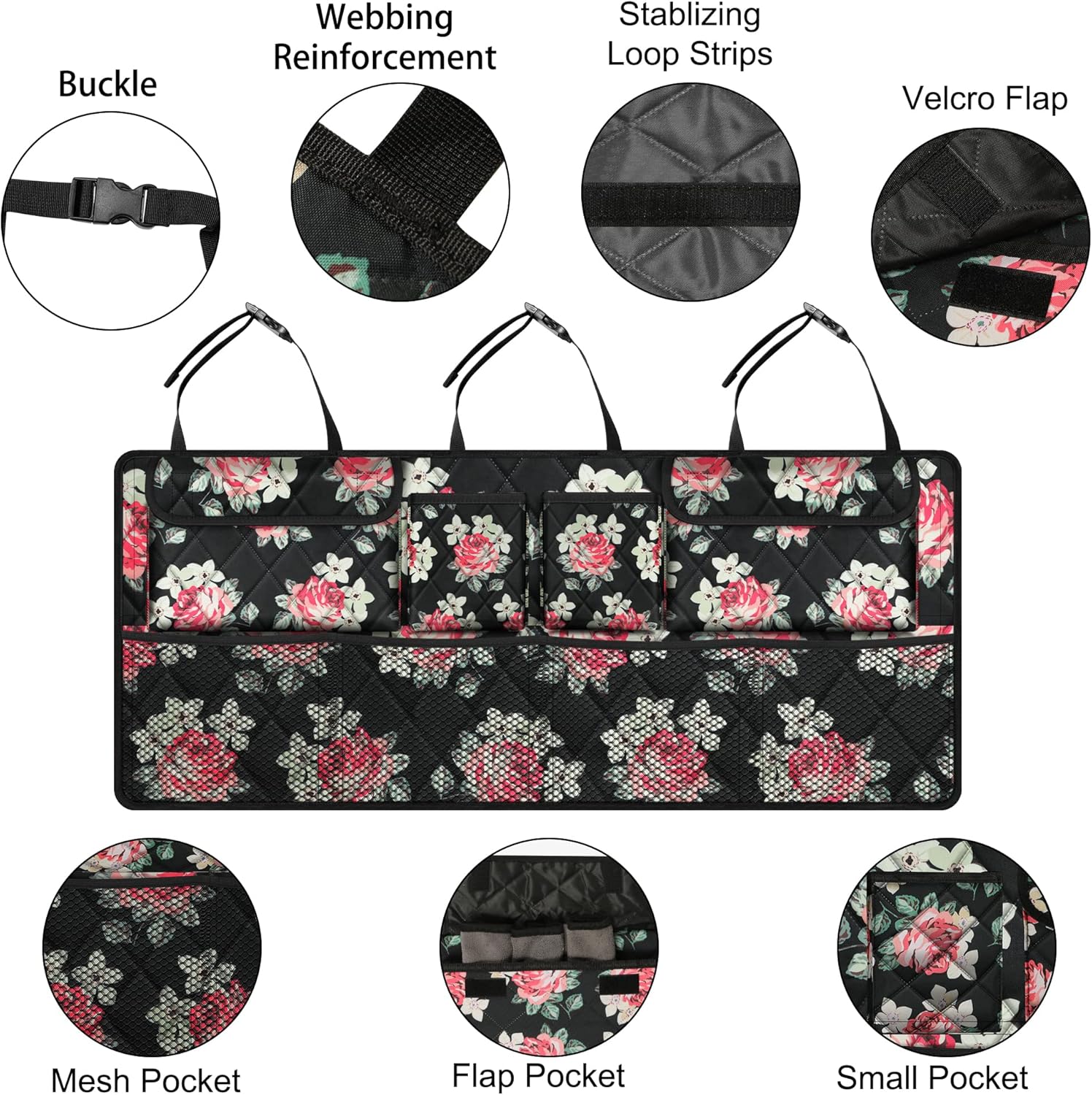 Car Trunk Organizer,Large Capacity Backseat Trunk Organizer(42"*18"),Collapsible Car Storage Bag with 8 Pocekt,Car Organizer for SUV/MPV/Truck - Floral