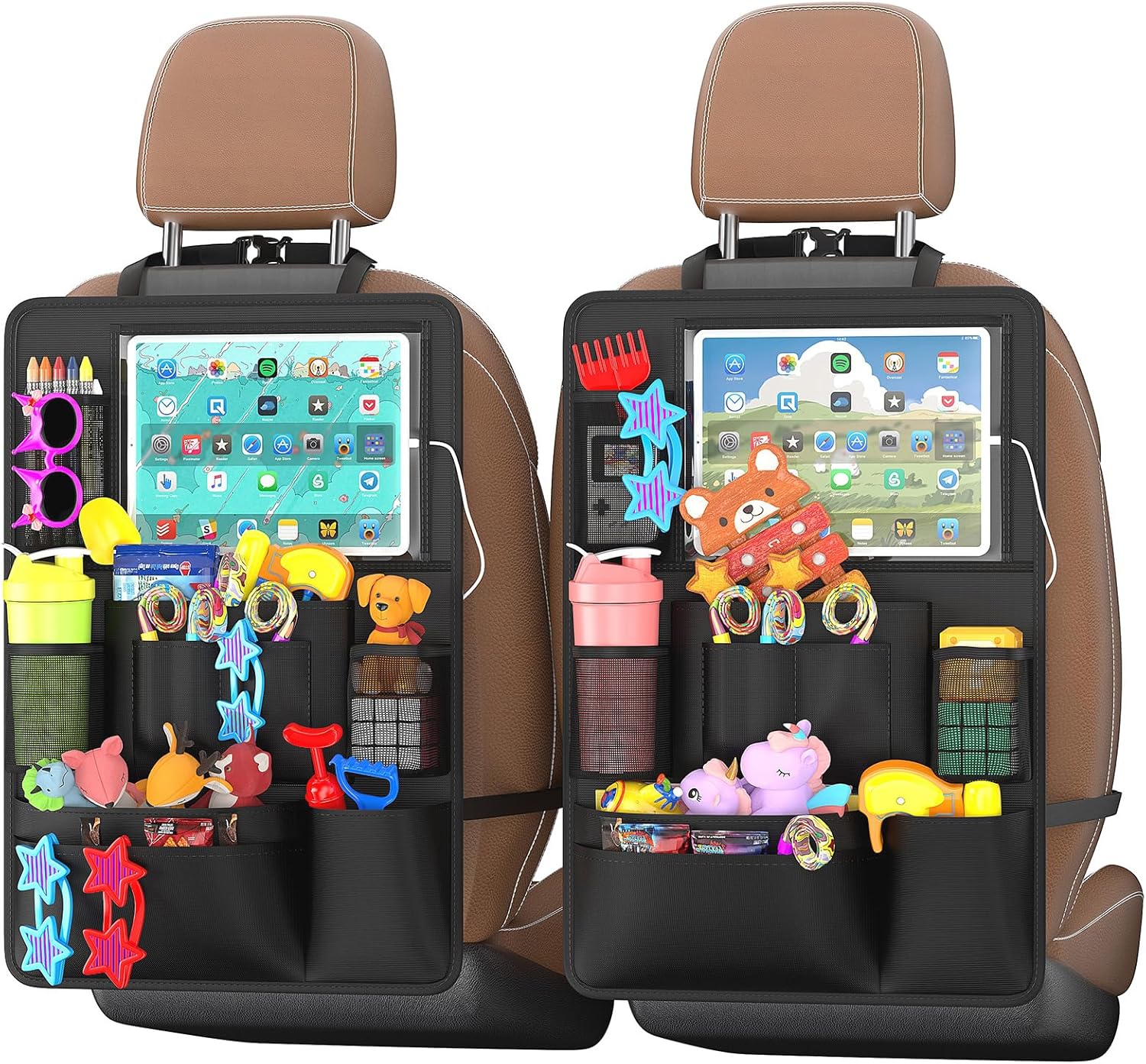 Backseat Car Organizer with Touch Screen,Kick Mats Back Seat Protector with 10 Storage Pockets,Car Seat Back Organizers Storage for Snacks Drinks Toy Umbrellas for Kids Road Trip
