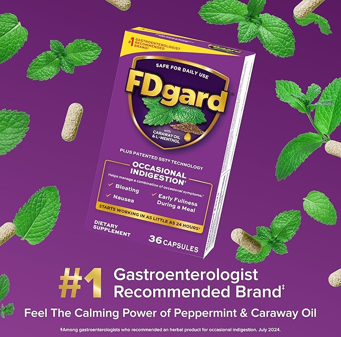 FDgard Gut Health Supplement, Indigestion, Nausea & Bloating, Upset Stomach, 36 Capsules-VitarraWellness