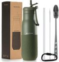 Insulated Stainless Steel Water Bottles with Straw, Wall Vacuum Insulated Water Bottle for Gym Traveling Camping Hiking Outdoor Activity(2 Cleaning Brushes+1 Carabiner, 18 oz Green)