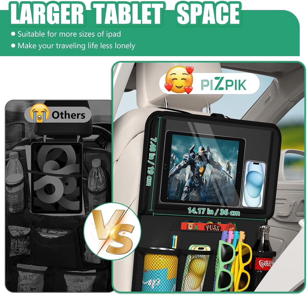 Car Backseat Organizer with Tablet Holder,11 Storage Pockets with Foldable Food Tray, Protector Kick Mats for Kids, Travel Accessories Organizer (Black, 1Pack)