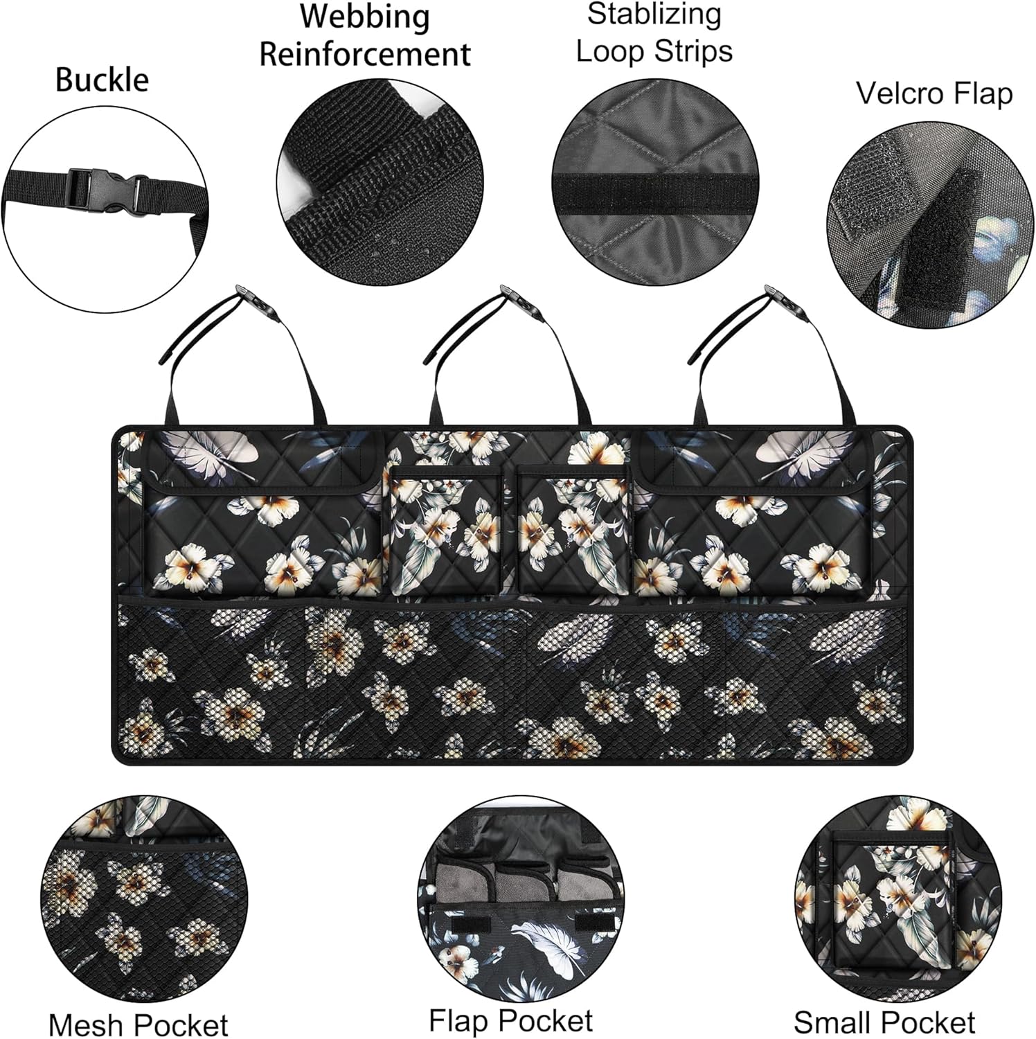 Femuar Car Trunk Organizer, Large Capacity Backseat Trunk Organizer (42"*18"), Collapsible Car Storage Bag with 8 Pockets - Hibiscus