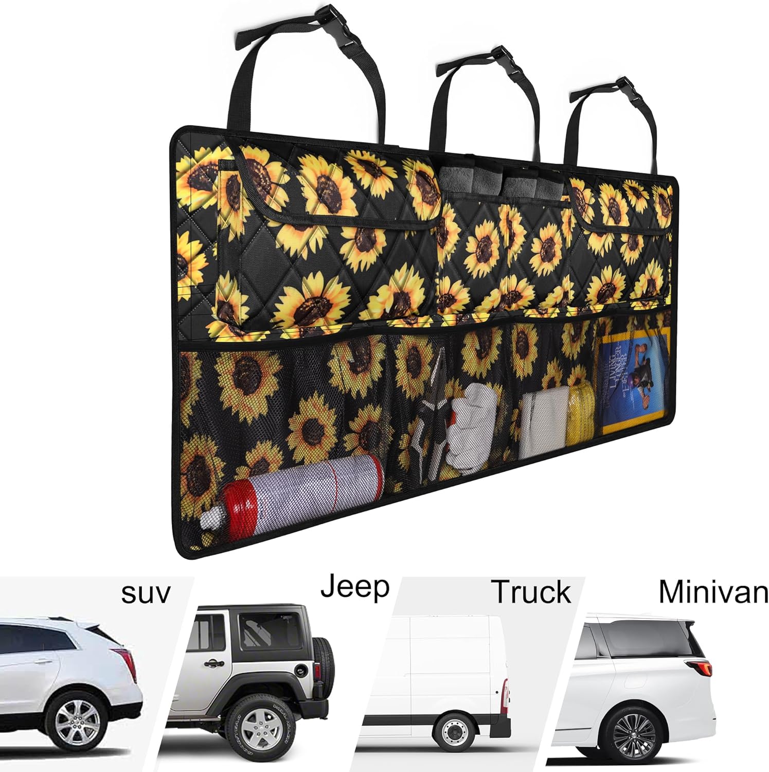 Femuar Car Trunk Organizer,Large Capacity Backseat Organizer(42 in*18 in),Collapsible Storage Bag with 8 Pocekt,Car Organizer for SUV/MPV/Truck - Sunflower TLAG-0114