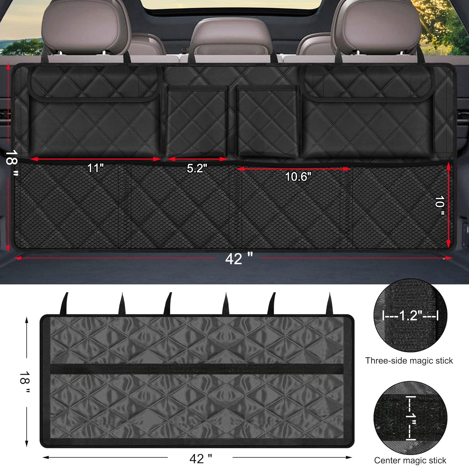 Femuar Car Trunk Organizer, Large Capacity Backseat Trunk Organizer (42"*18"), Collapsible Car Storage Bag with 8 Pockets, SUV/MPV/Truck - Black