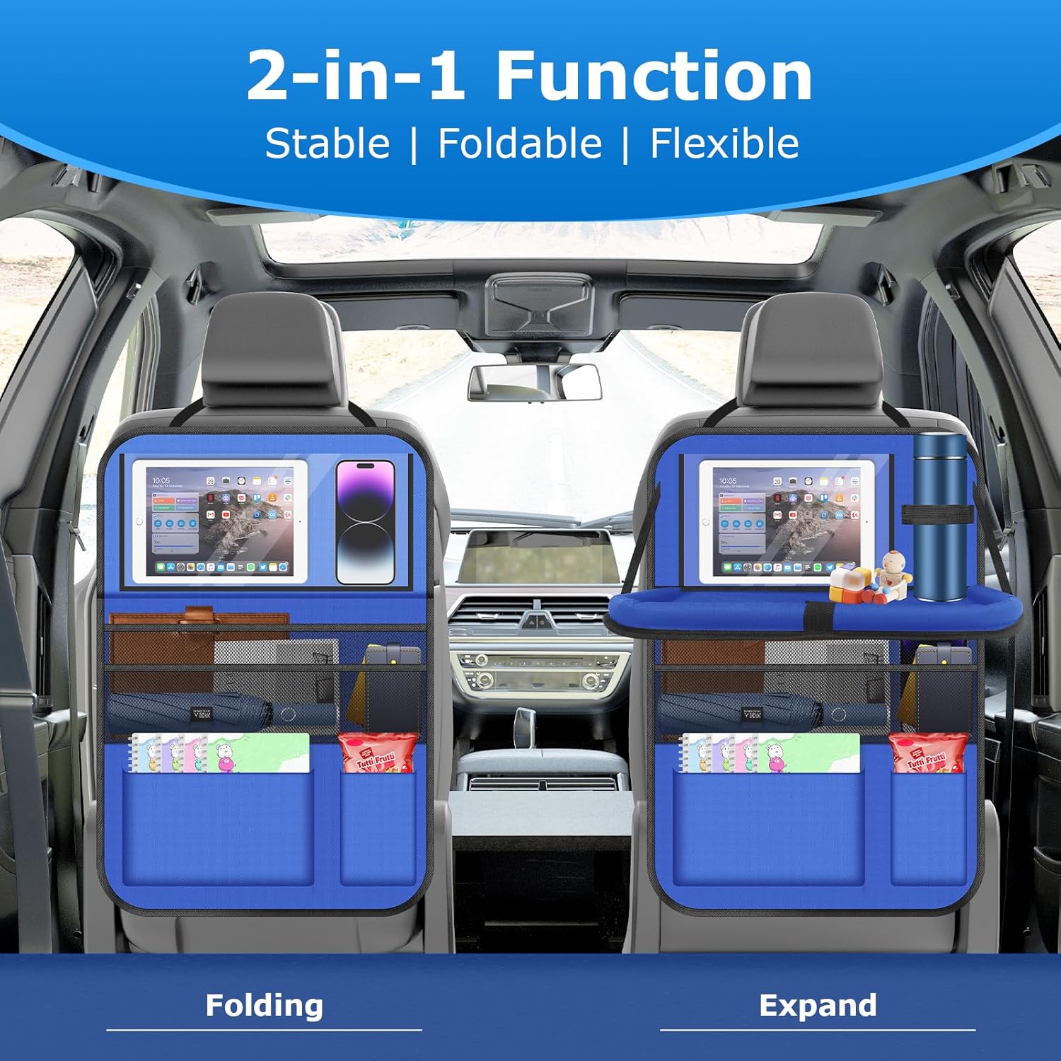 Car Backseat Organizer with tableTray & 9 Storage Pockets for Road Trip Essentials Travel Backseat Car Organizer for Bottle Snack Books(Blue)
