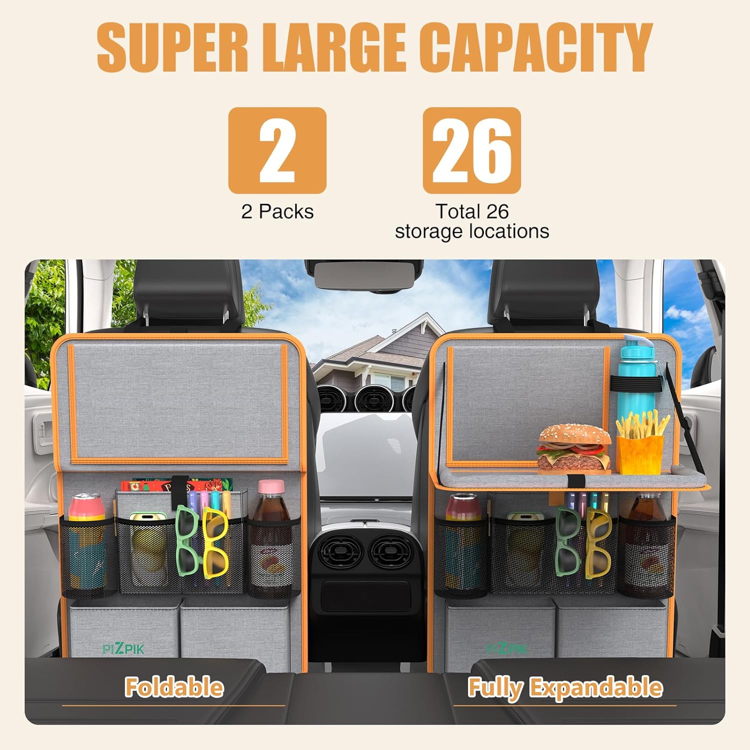 Car Backseat Organizer with Tablet Holder,11 Storage Pockets with Foldable Food Tray, Protector Kick Mats for Kids, Travel Accessories Organizer (Orange, 2Pack)