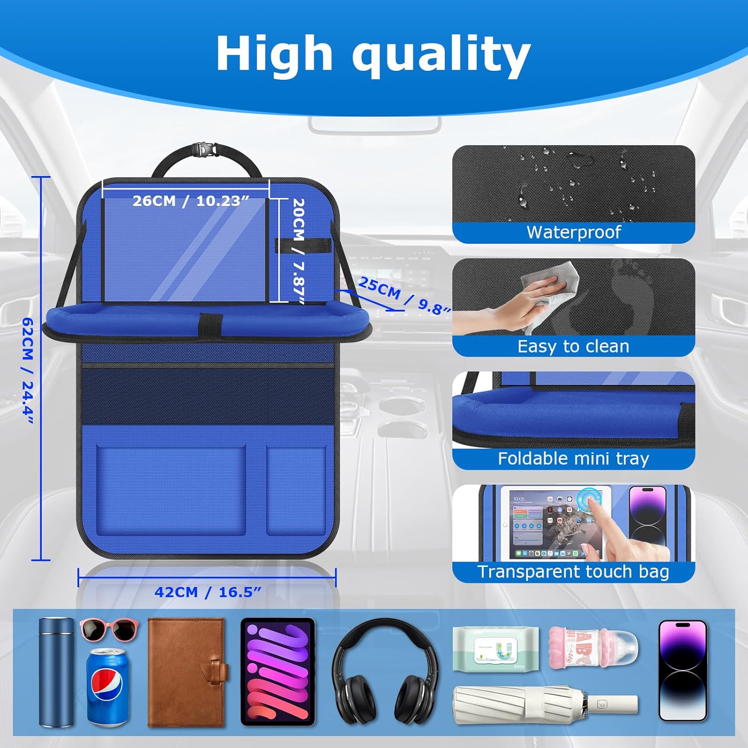 Car Backseat Organizer with tableTray & 9 Storage Pockets for Road Trip Essentials Travel Backseat Car Organizer for Bottle Snack Books(Blue)