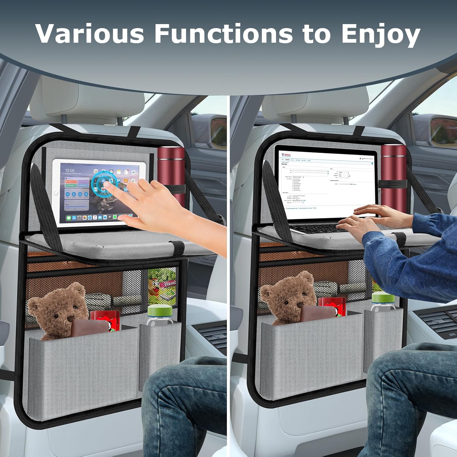 Car Backseat Organizer with table Tray, 9 Storage Pockets Backseat Car Organizer with Tablet Holder, Back seat Organizer for Kids Road Trip Essentials Travel (1Pack)