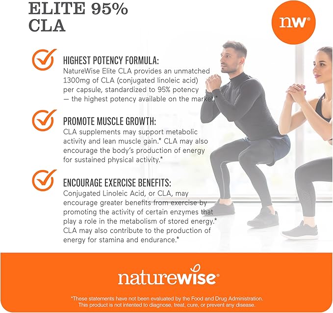 NatureWise CLA 1300 - 95% Active Conjugated Linoleic Acid for Women and Men, Not Stimulating, Supports Weight & Fitness Goals - Non-GMO, Gluten Free - 180 Softgels[2-Month Supply]-VitarraWellness