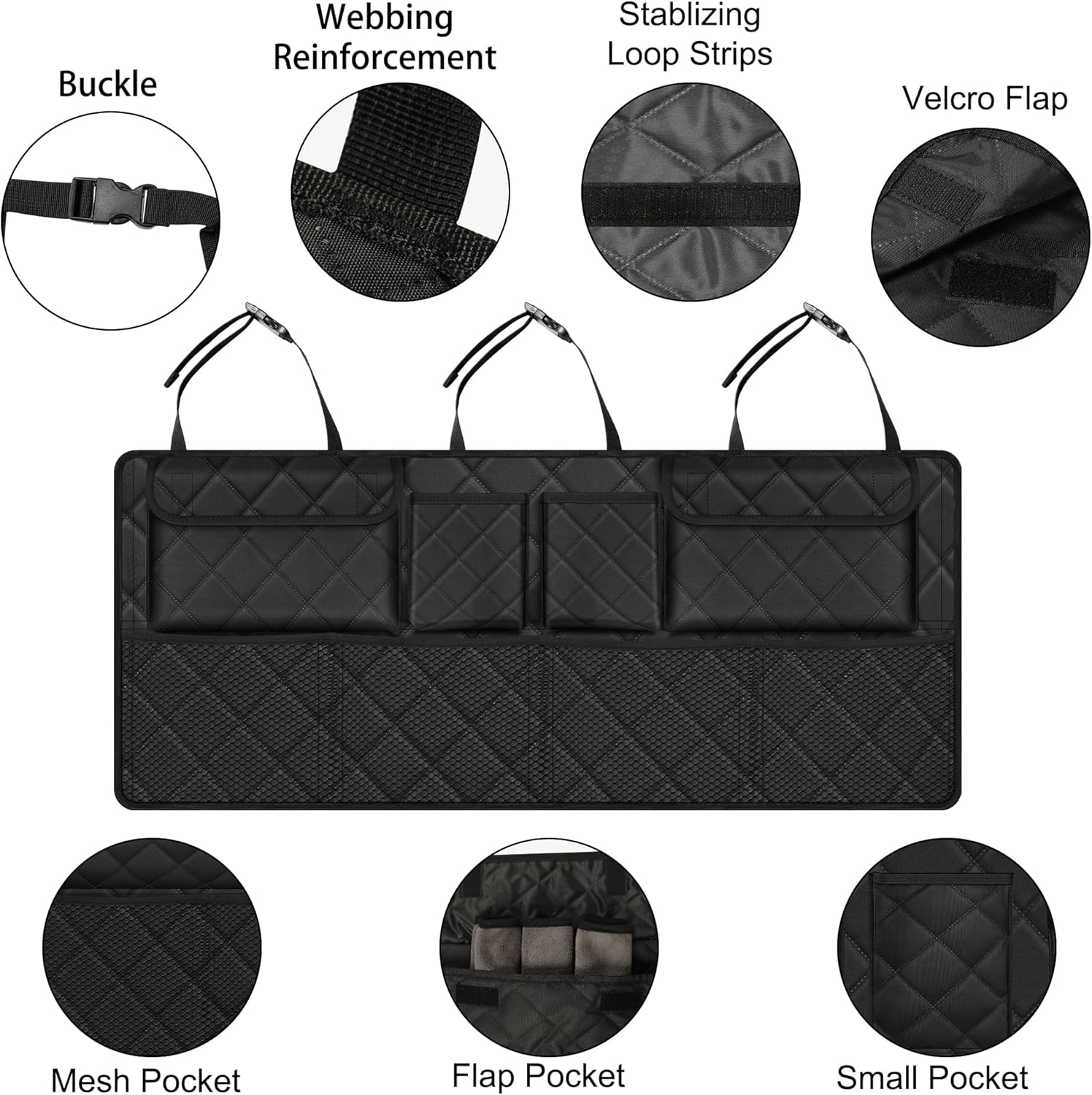 Femuar Car Trunk Organizer, Large Capacity Backseat Trunk Organizer (42"*18"), Collapsible Car Storage Bag with 8 Pockets, SUV/MPV/Truck - Black