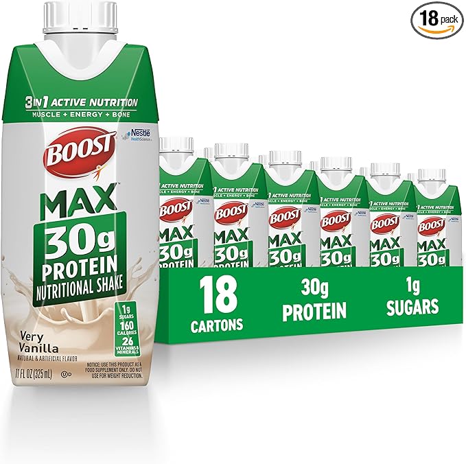 BOOST MAX Protein Shakes Ready to Drink - 30g High Protein Shake - Vanilla | Nutritional Drinks to Support Muscle Recovery After Exercise, 26 Vitamins & Minerals, 1g Sugar, 11 fl oz (Pack of 18)-VitarraWellness