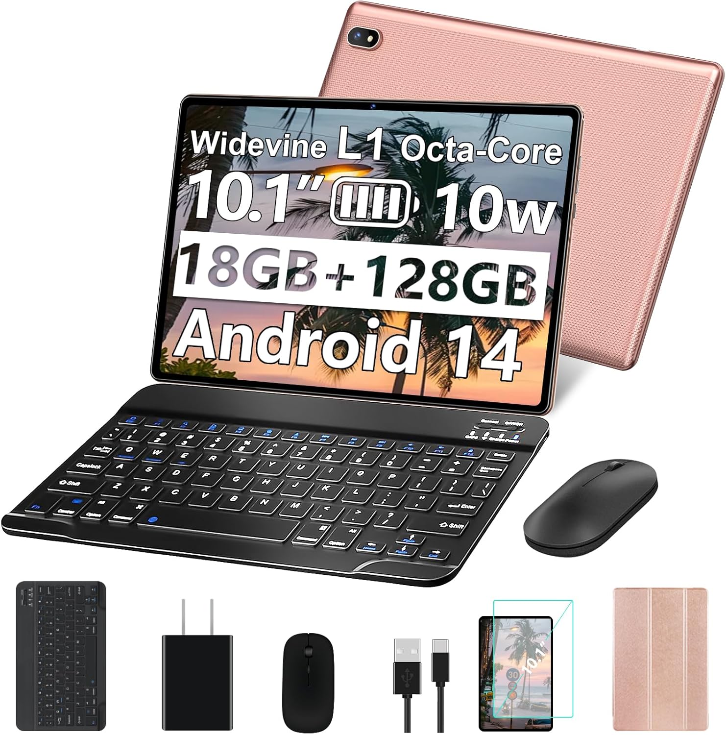 2025 Tablet Android 14 Tablets with 128GB ROM+18GB RAM, 1TB Expand 2 in 1 10.1 Inch Tablet with Keyboard, Powerful Octa-Core, WiFi 6, BT5.0, 6000mAh, Widevine L1, Gold