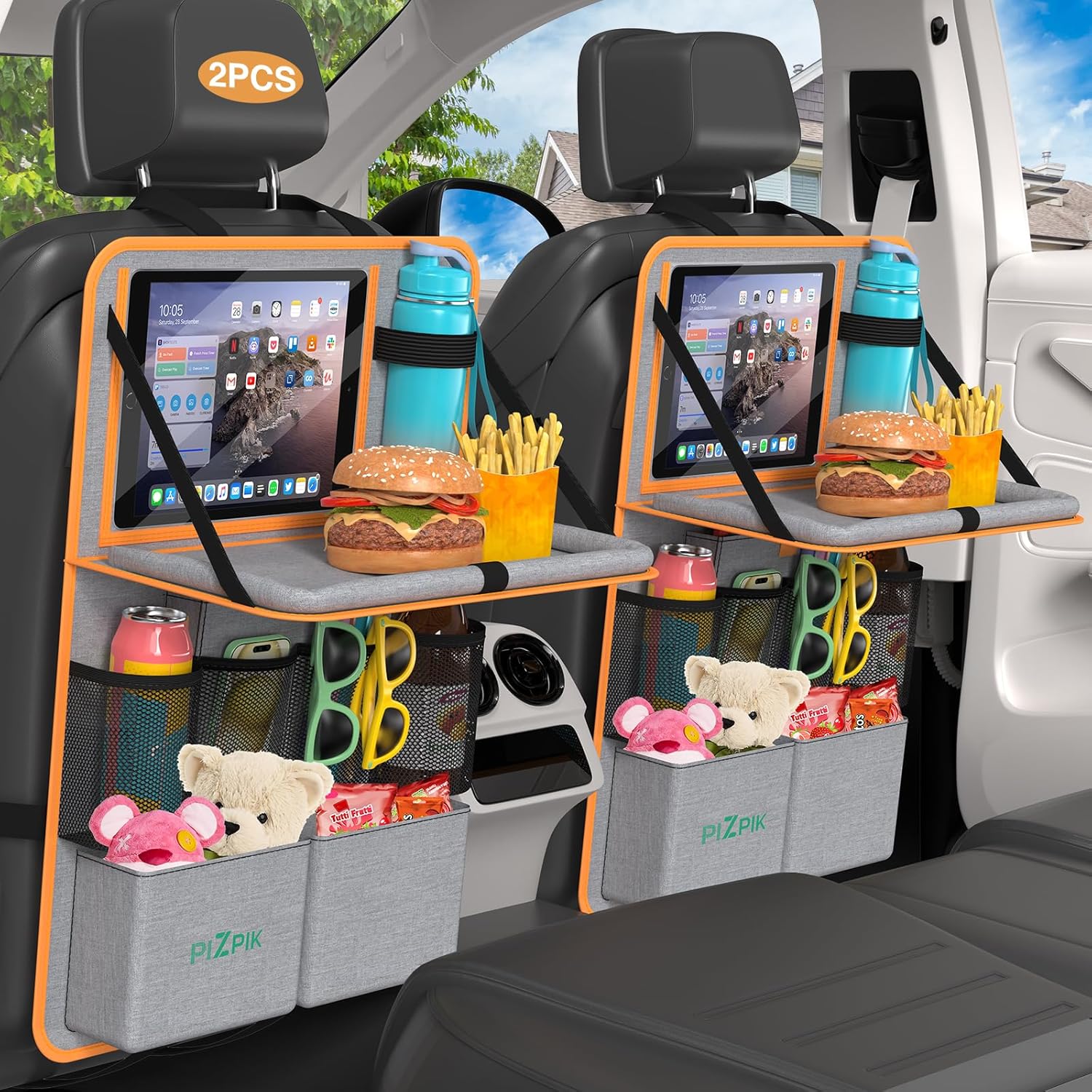 Car Backseat Organizer with Tablet Holder,11 Storage Pockets with Foldable Food Tray, Protector Kick Mats for Kids, Travel Accessories Organizer (Orange, 2Pack)