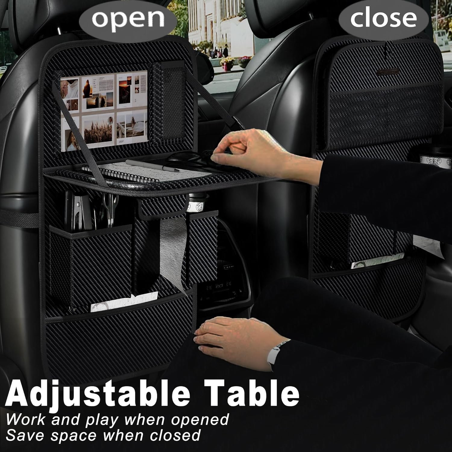 Car Seat Organizers,Multi-functional Back Seat Protectors, Storage Pouches, and Tray Holders (for Cars, Kids, Seat Back and Rear Seats) (Carbon Fiber, 1 Pcs)