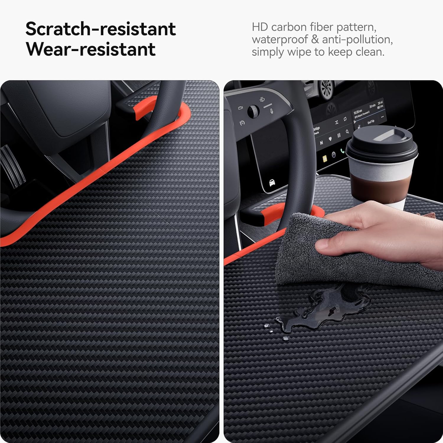 YONZEE 2-in-1 Car Steering Wheel Desk Tray & Car Seat Gap Filler Organizer – Foldable Carbon Fiber Look Table for Laptop, Eating, Writing – Universal Fit for Most Vehicles Orange