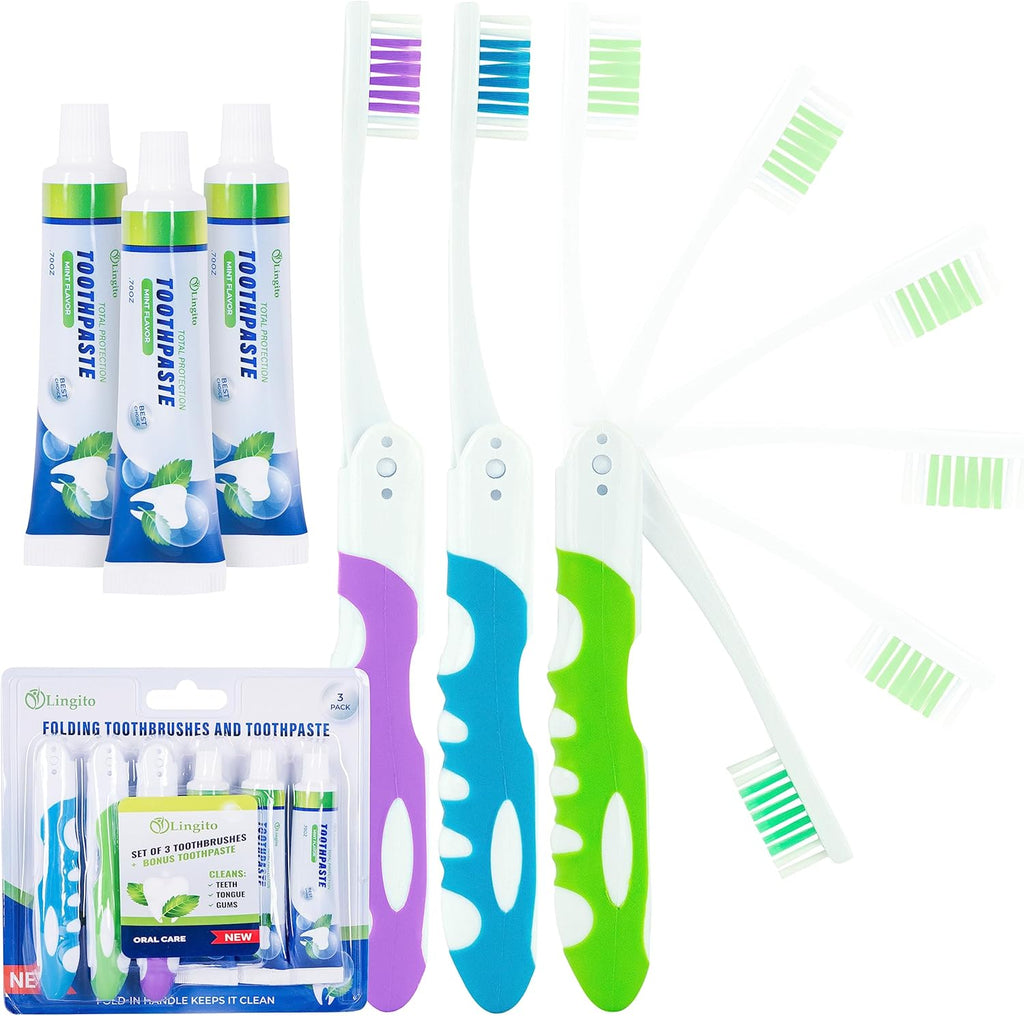 Portable Toothbrush Kit with Toothpaste, Built-in Cover, Folding Collapsible Travel Toothbrush (3 Pack - Medium)