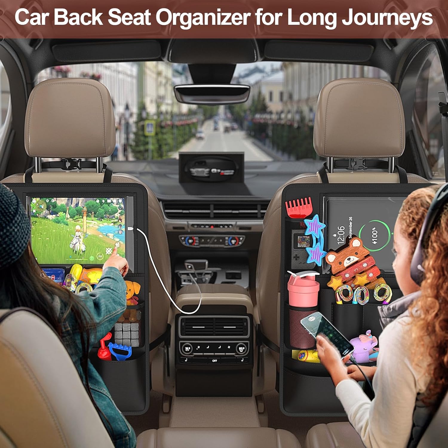 Backseat car Organizer with Touch Screen,2PACK of car organizer Kick Mats Back Seat Protector with 10pcs Storage Pockets,Car Seat Back Organizers Storage for Kids road trip essentials