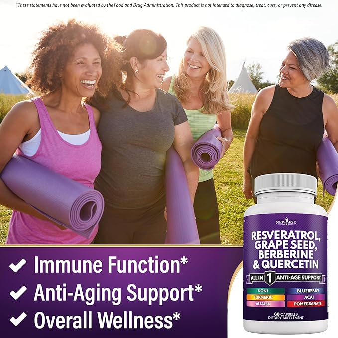 NEW AGE Resveratrol, Berberine, Grape Seed Extract, Quercetin, Polyphenol Supplement for Women and Men with Noni Extract, N-Acetyl Cysteine, Acai Extract - 120 Capsules