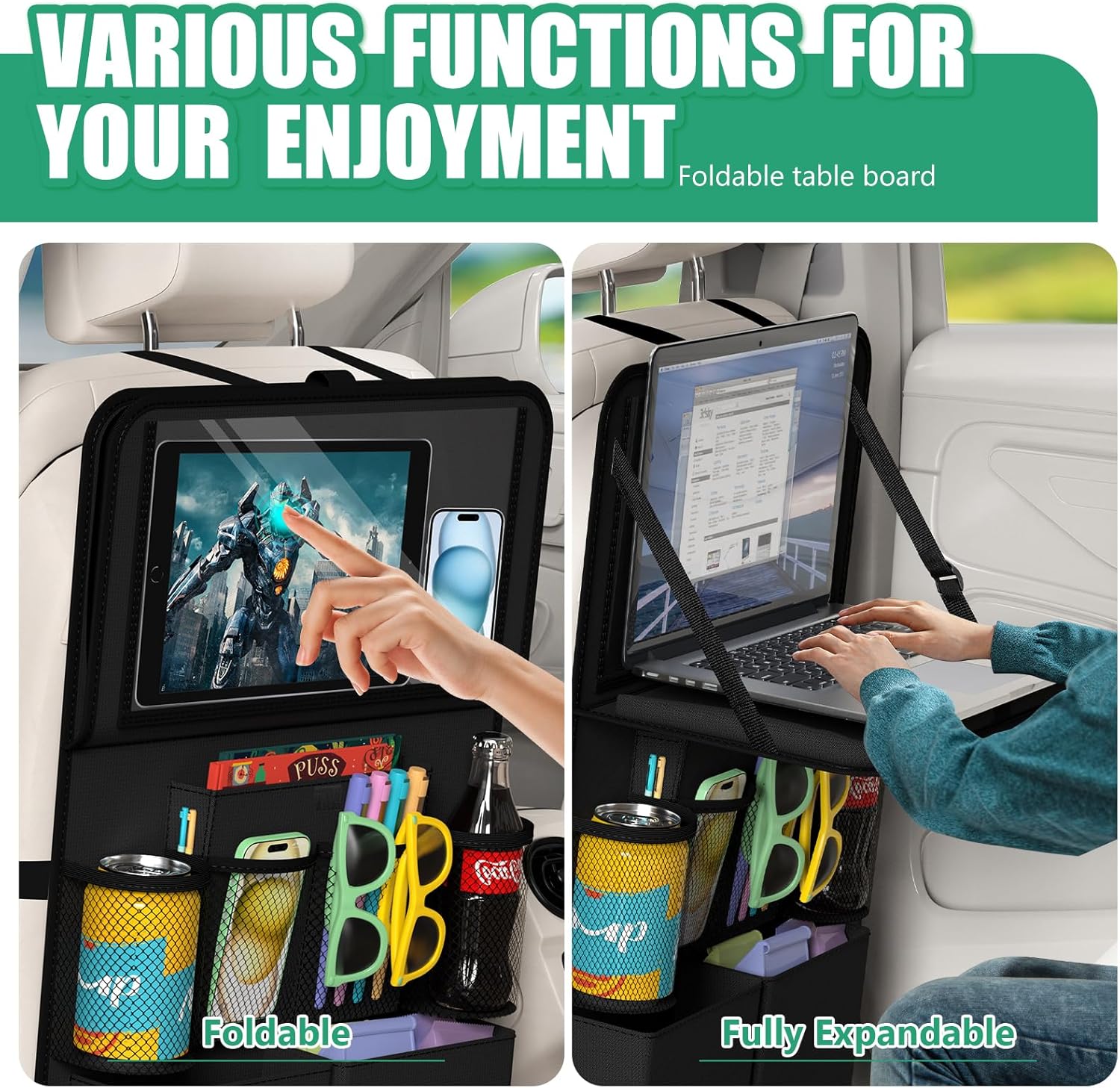 Car Backseat Organizer with Tablet Holder,11 Storage Pockets with Foldable Food Tray, Protector Kick Mats for Kids, Travel Accessories Organizer (Black, 1Pack)