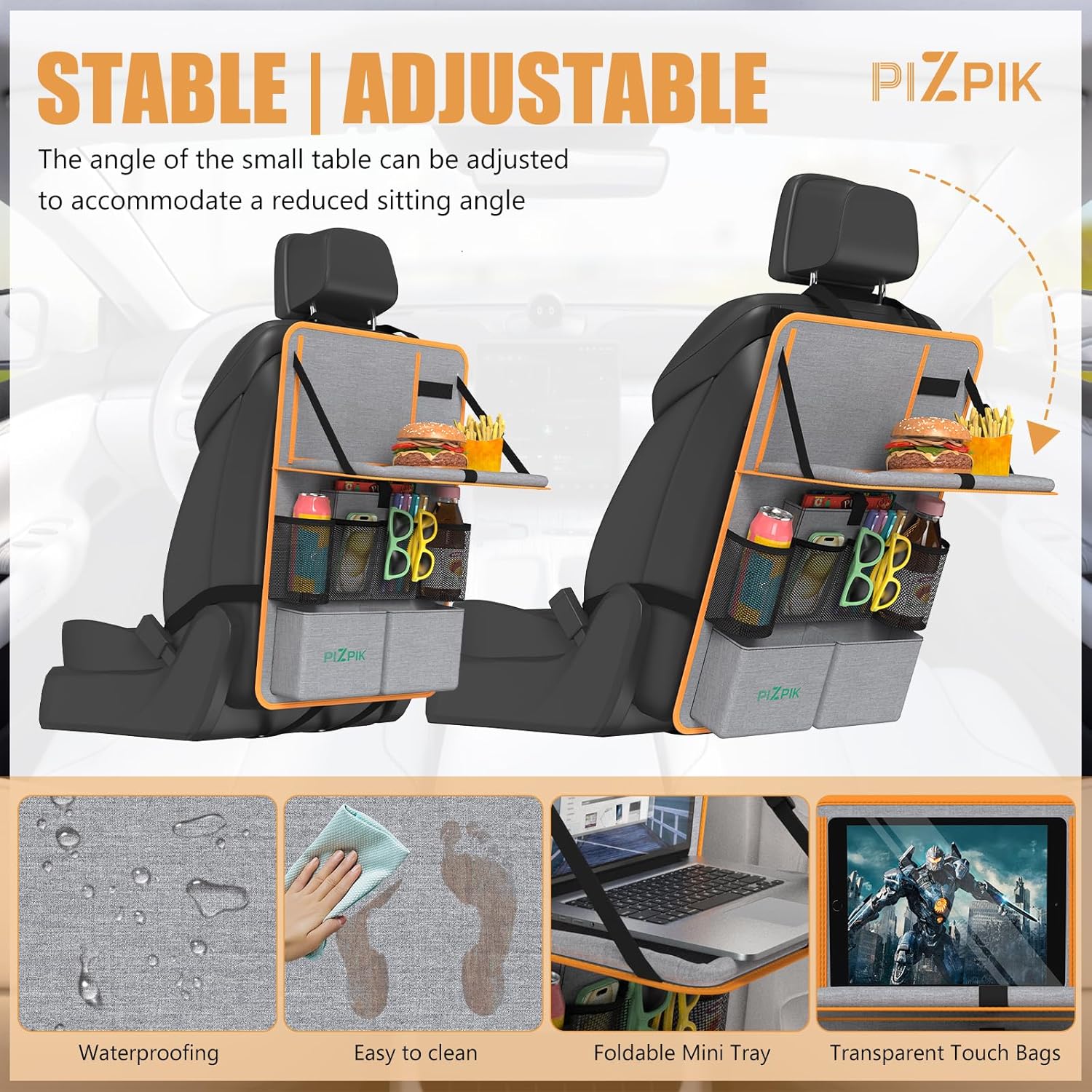 Car Backseat Organizer with Tablet Holder,11 Storage Pockets with Foldable Food Tray, Protector Kick Mats for Kids, Travel Accessories Organizer (Orange, 1Pack)