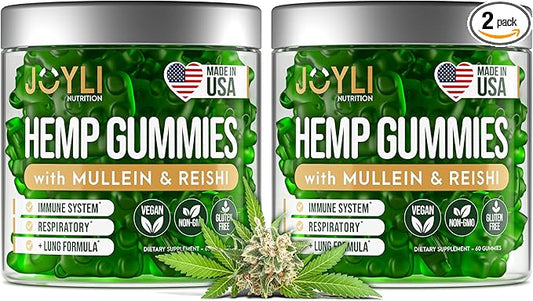 2 Pack - JOYLI Hemp Gummies for Lung Cleanse – Sugar-Free Vegan Gummies with Mullein Leaf, Reishi Mushroom, & Multivitamins – Natural Lung Support Supplement – 60 Gummies per Pack