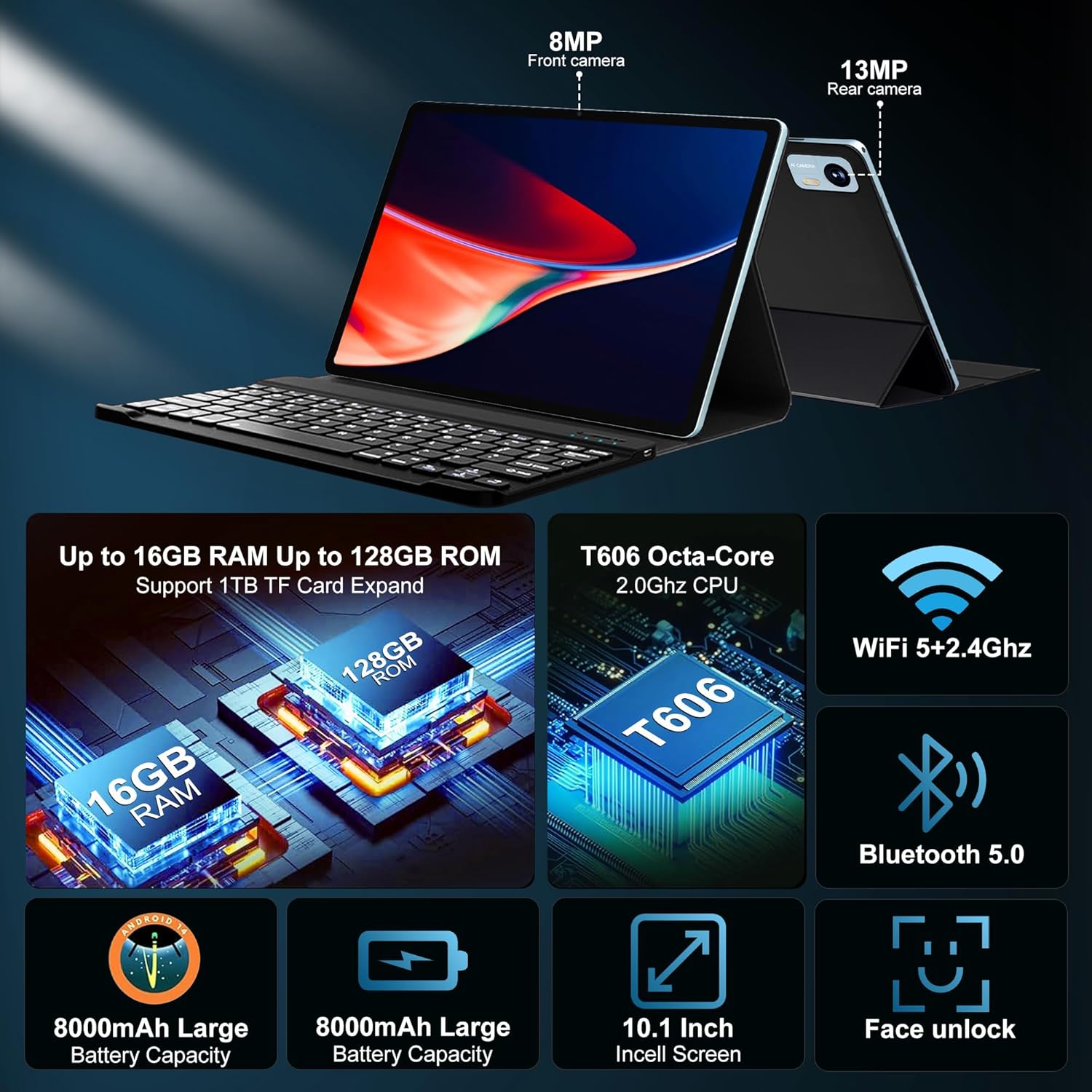 Android 14 Tablet with Keyboard，16GB RAM 128GB ROM 1TB Expand, 8000mAh Battery, 10.1 inch Tablet with 13MP+8MP Camera/Bluetooth/GPS/WiFi/HD Display (Light Blue)